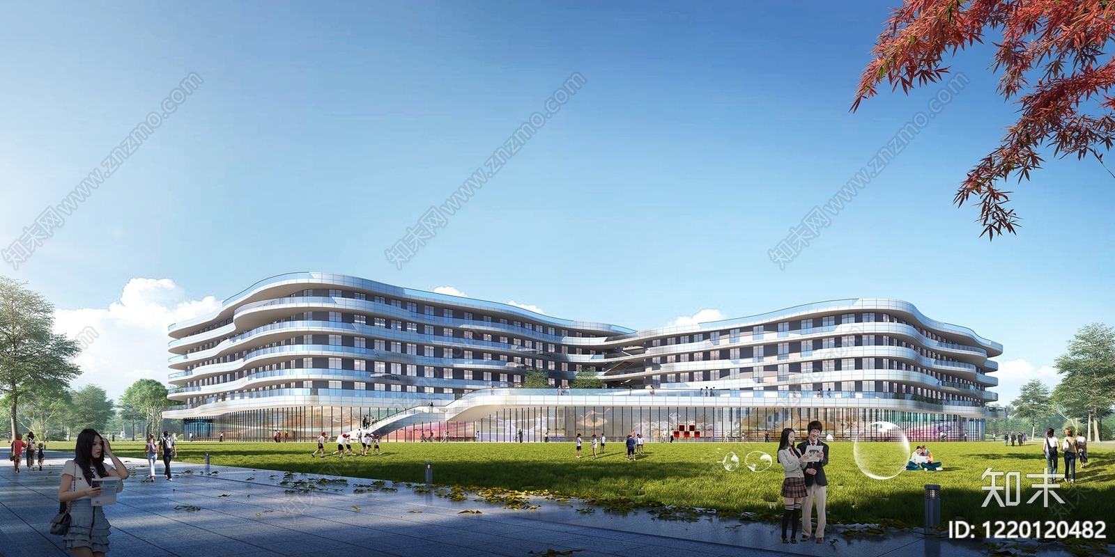现代主义学校外观3D模型渲染效果图