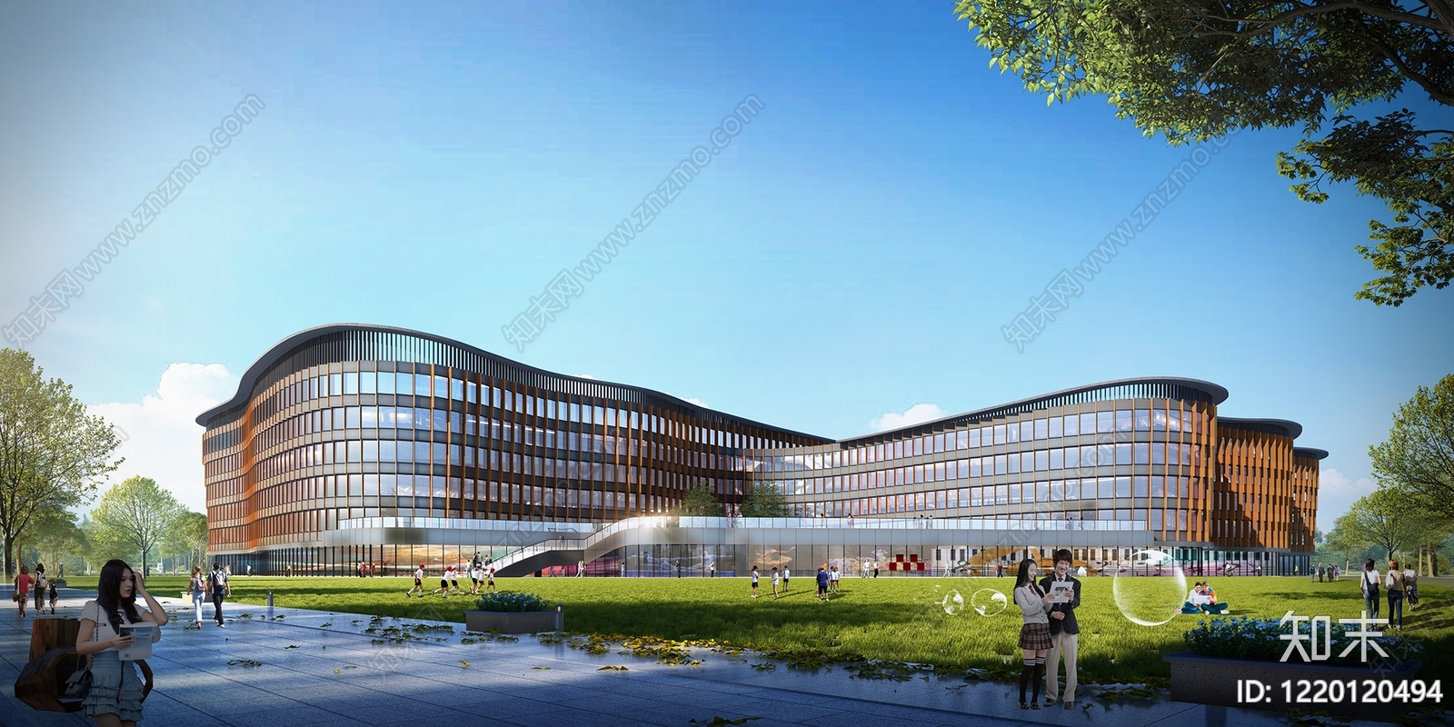 现代主义学校外观3D模型渲染效果图