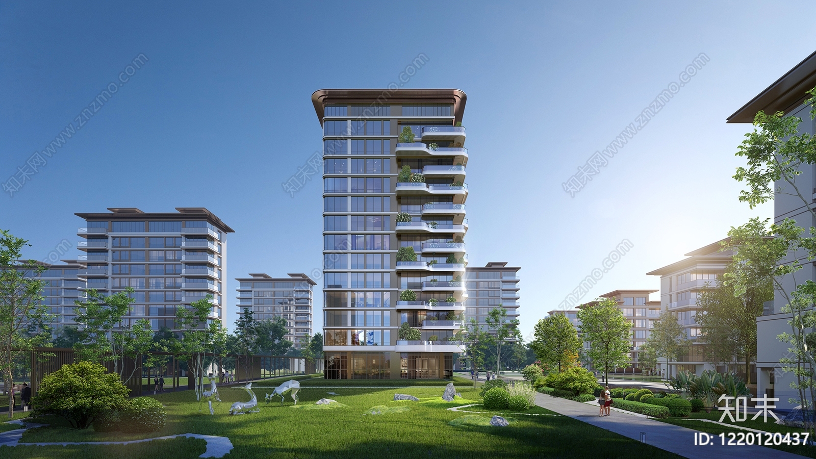新中式小高层住宅楼3D模型渲染效果图