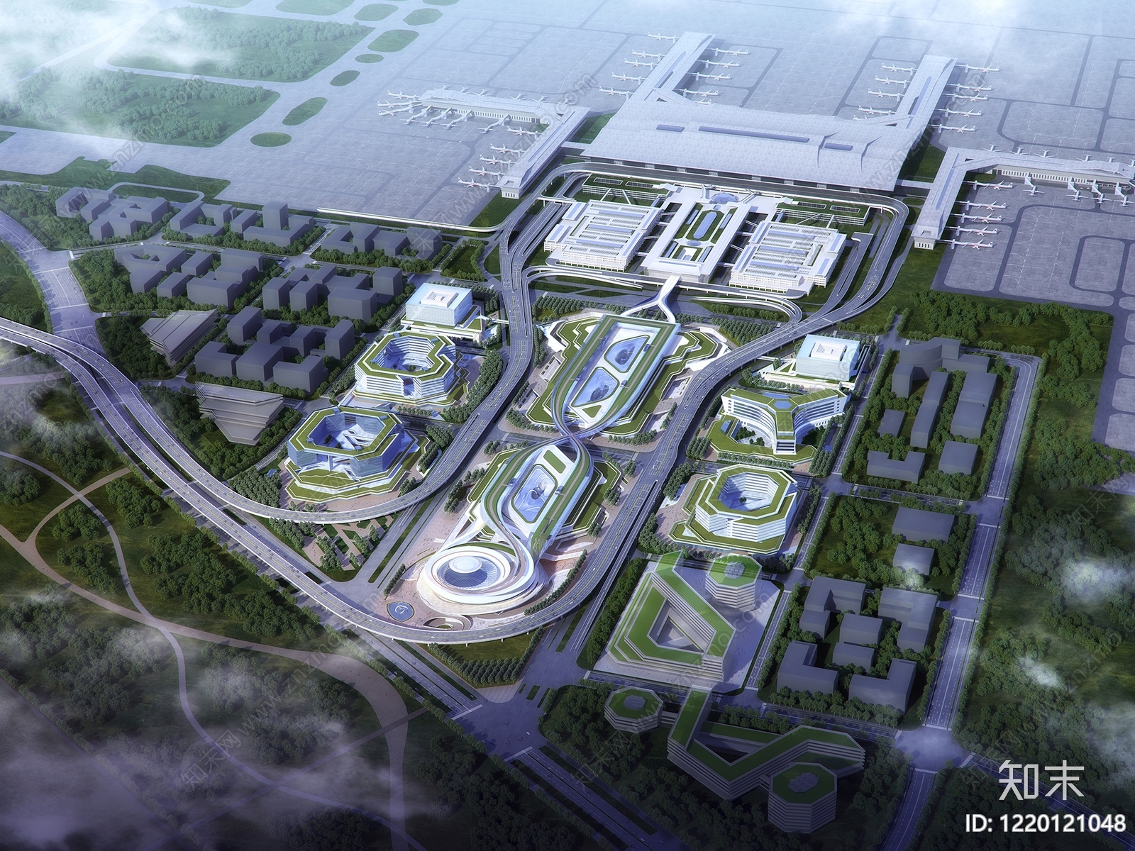 现代主义鸟瞰规划3D模型渲染效果图