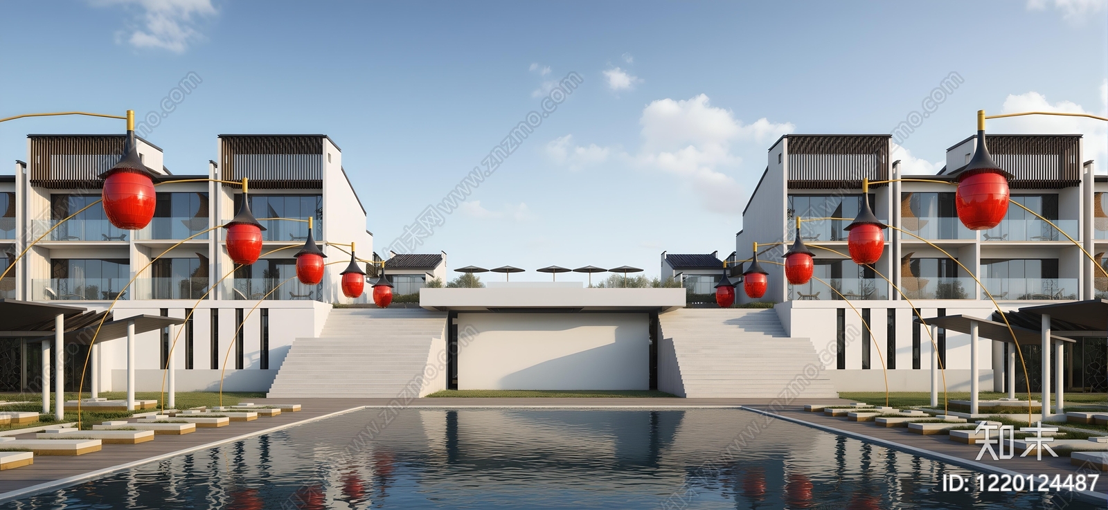 新中式民宿建筑SU模型下载【ID:1220124487】