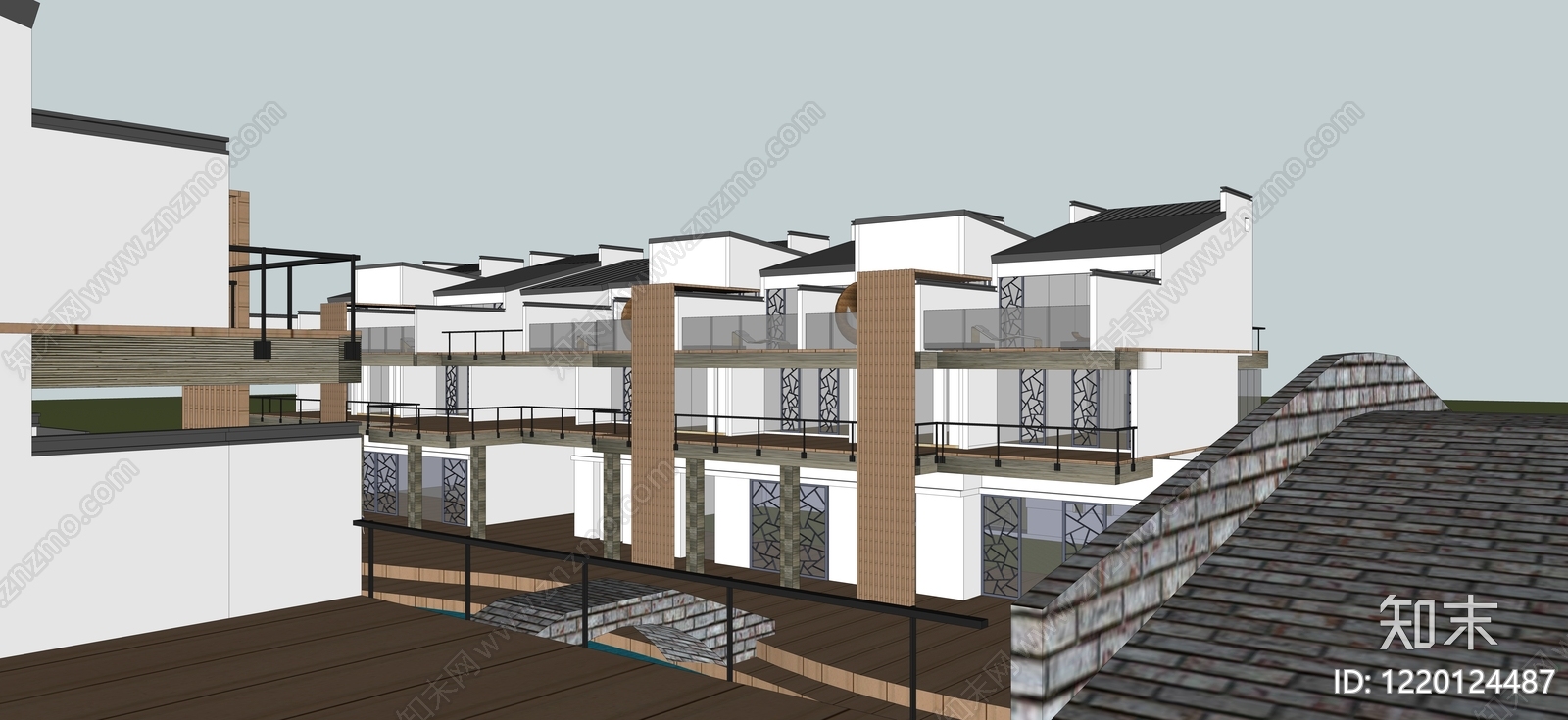 新中式民宿建筑SU模型下载【ID:1220124487】