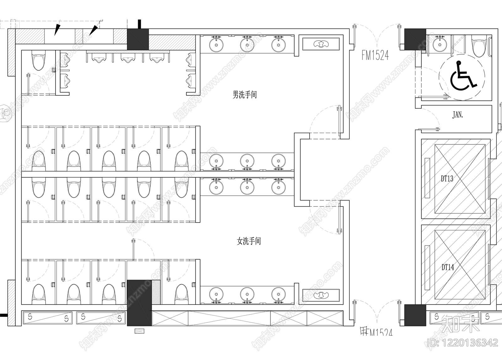 公共卫生间cad施工图下载【ID:1220136342】