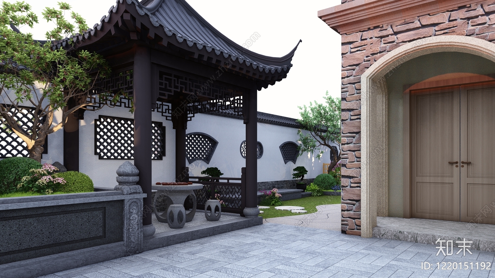 新中式景观别墅庭院SU模型下载【ID:1220151192】