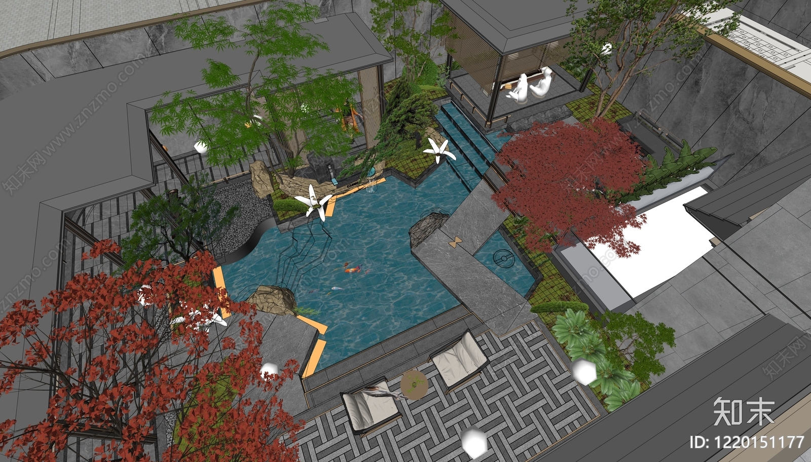 新中式景观别墅庭院SU模型下载【ID:1220151177】