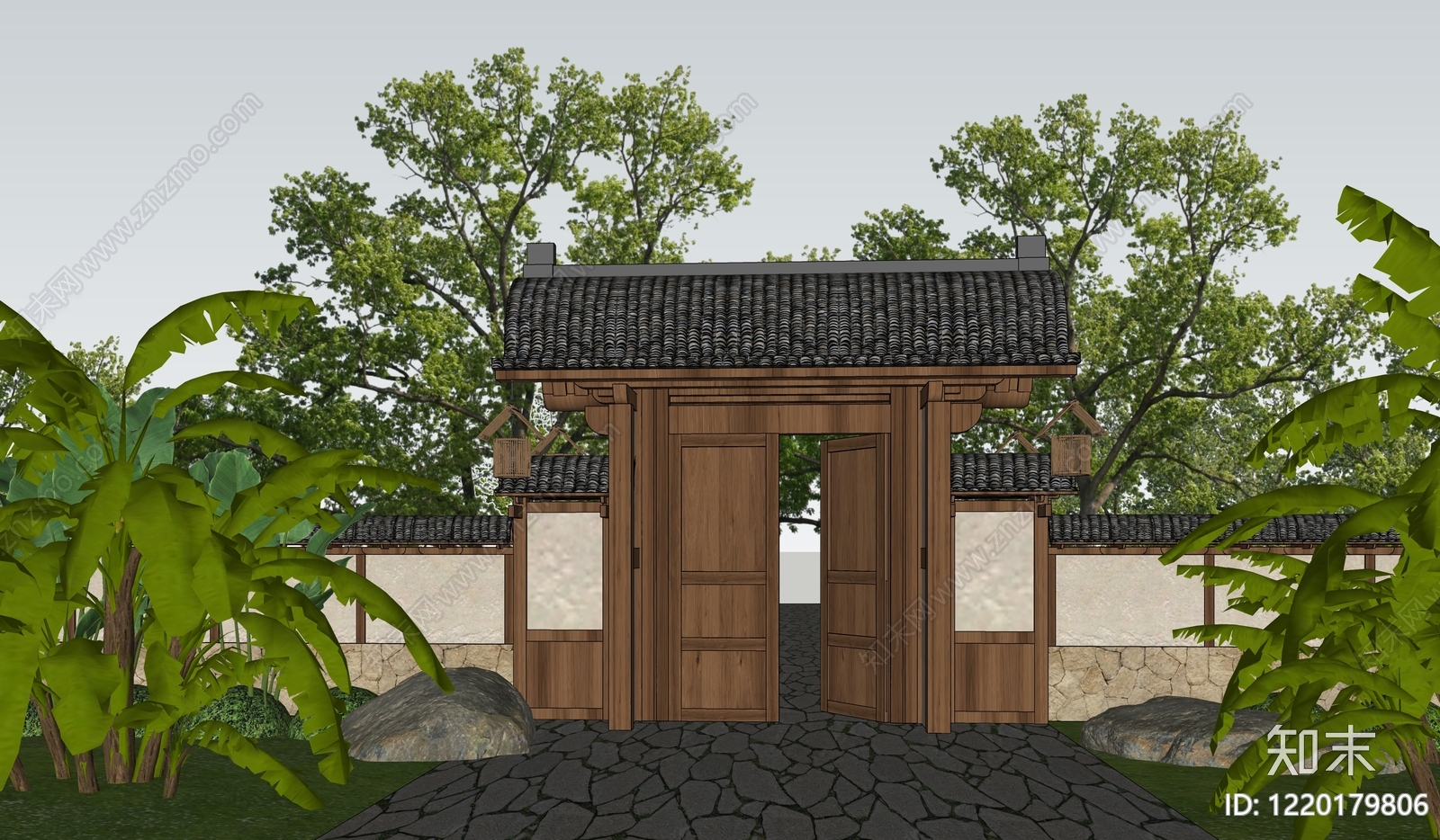 新中式入口大门SU模型下载【ID:1220179806】