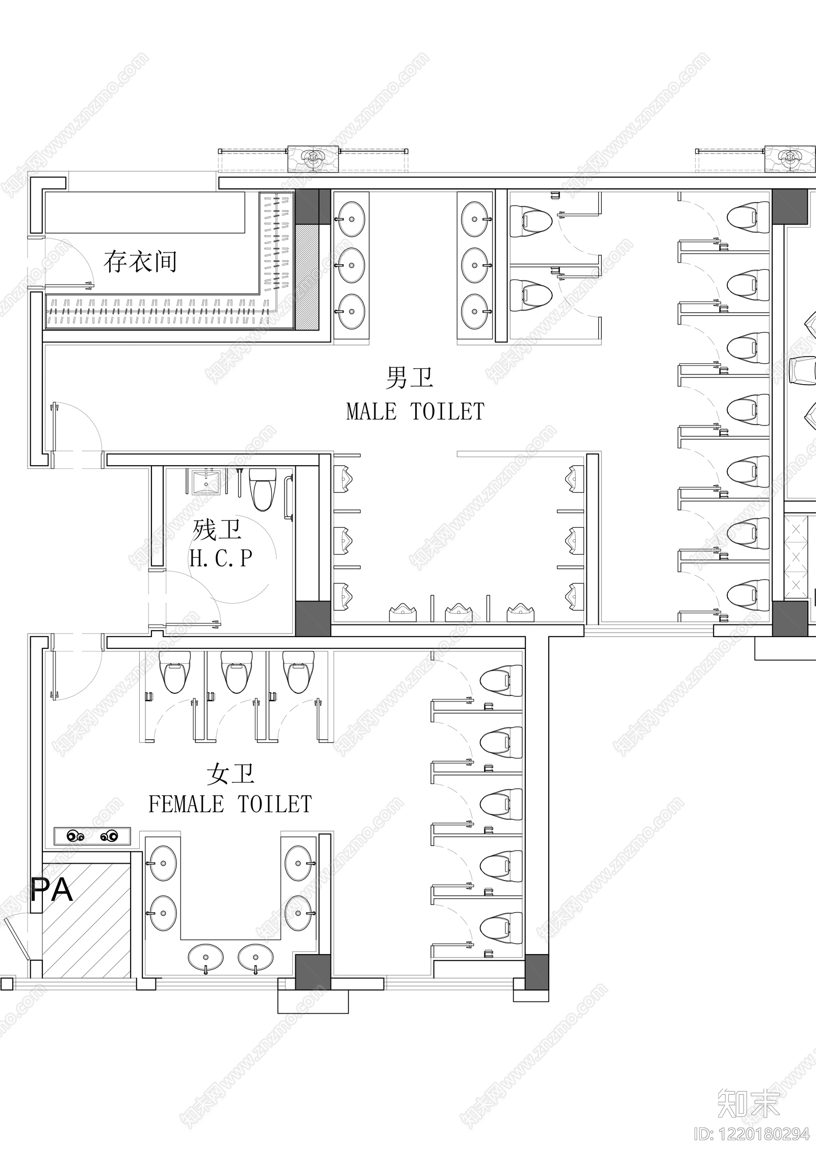公共卫生间cad施工图下载【ID:1220180294】