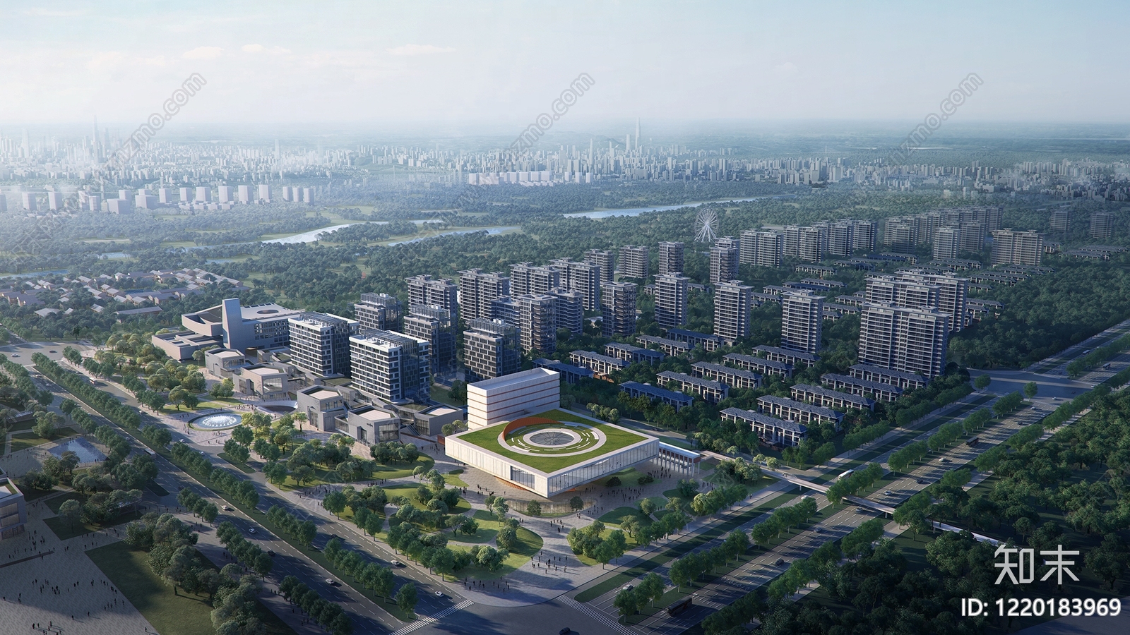 现代主义鸟瞰规划3D模型渲染效果图
