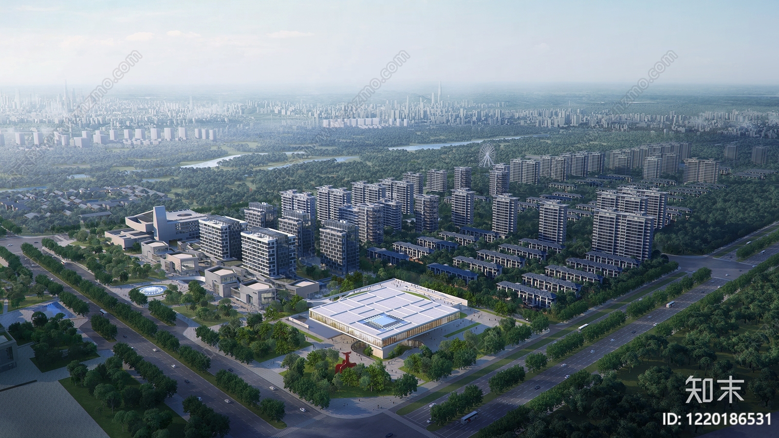 现代主义鸟瞰规划3D模型渲染效果图