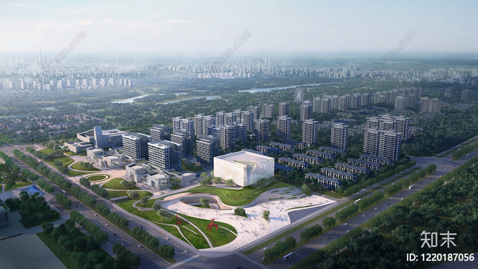 现代主义鸟瞰规划3D模型渲染效果图