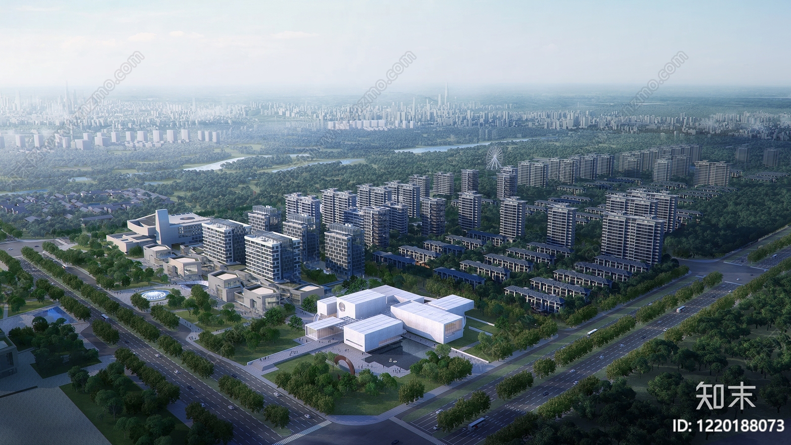 现代主义鸟瞰规划3D模型渲染效果图