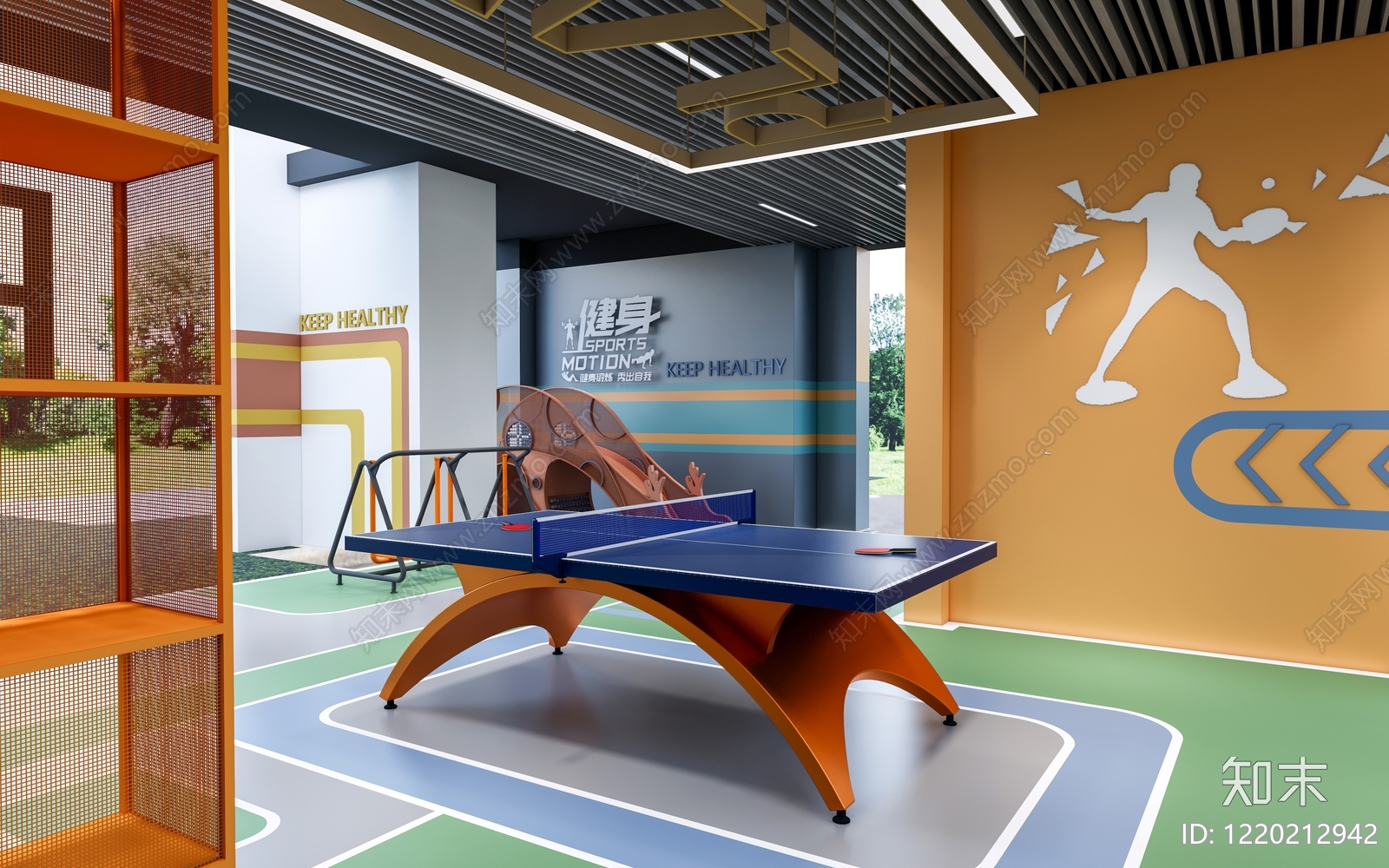 现代运动风乒乓球室3D模型渲染效果图