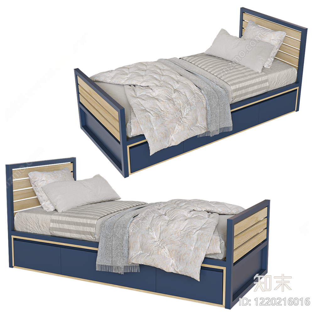北欧单人床3D模型渲染效果图