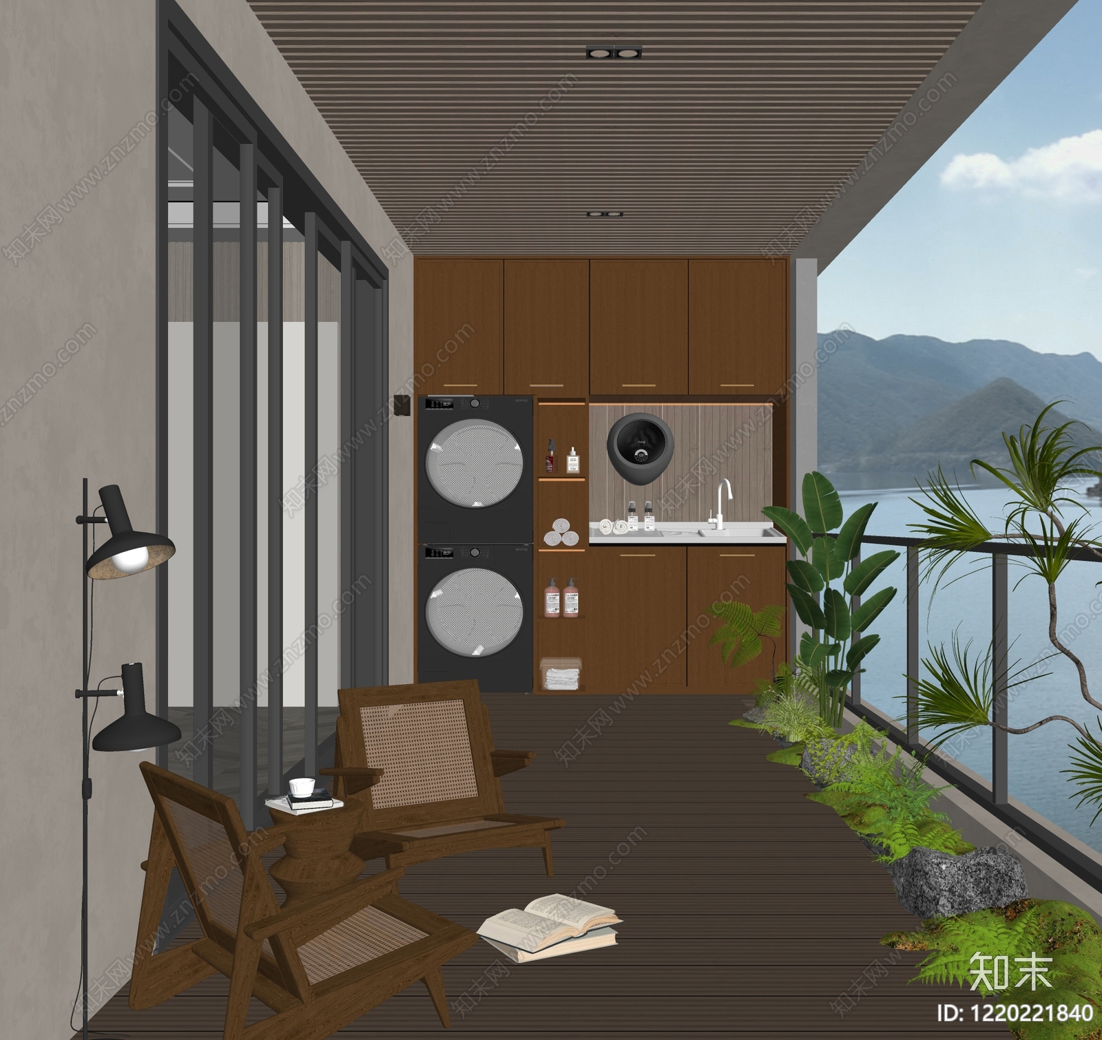 现代侘寂风家居阳台SU模型下载【ID:1220221840】