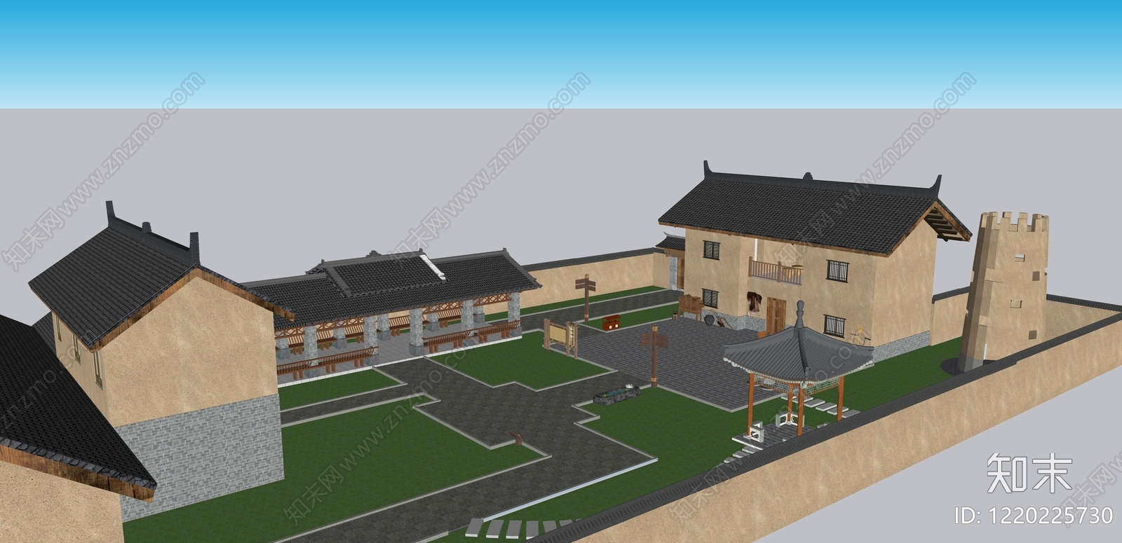 新中式民宿建筑SU模型下载【ID:1220225730】