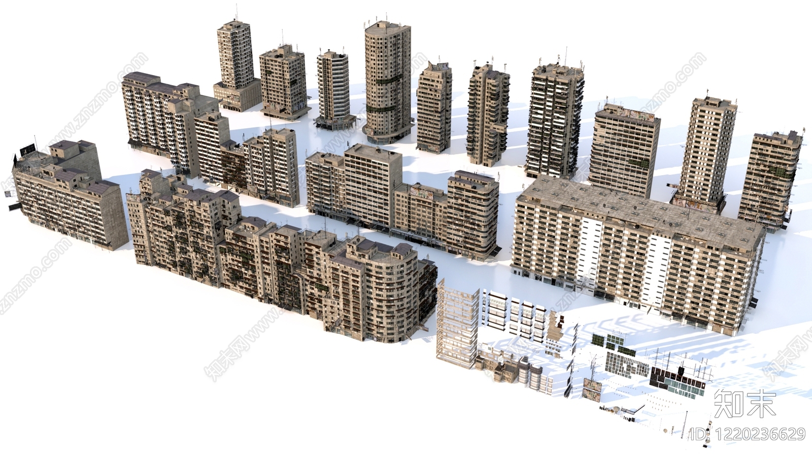 粗野主义小高层住宅楼3D模型渲染效果图