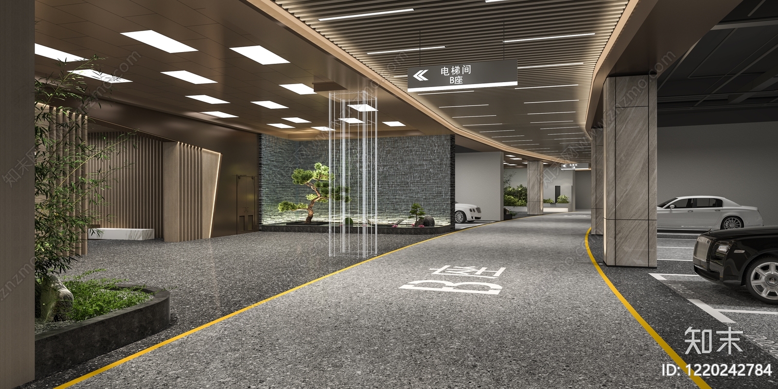 新中式室内停车场3D模型渲染效果图