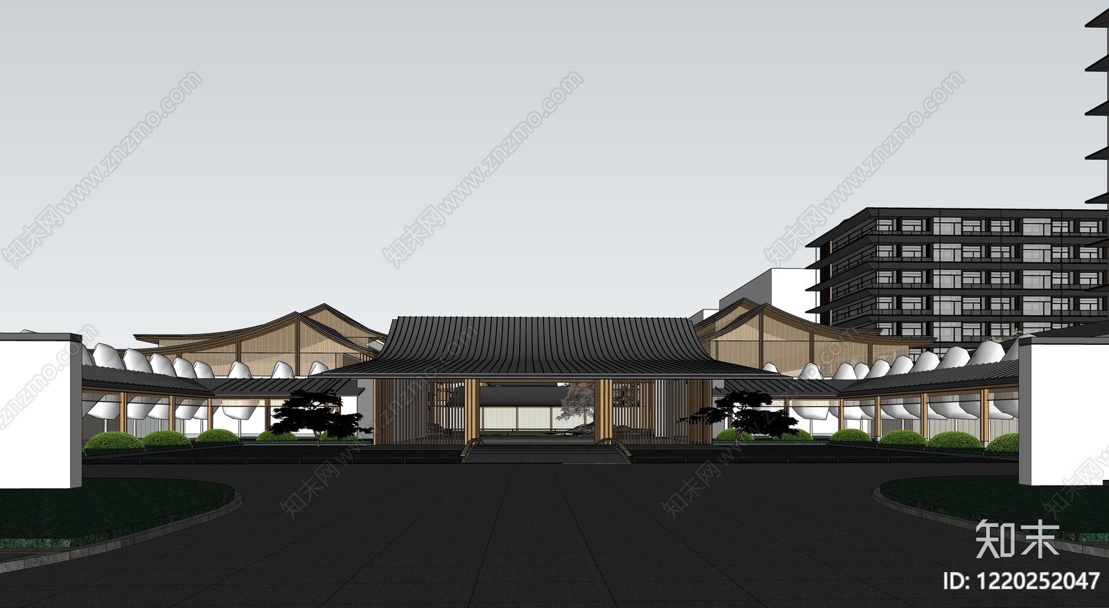 新中式酒店建筑SU模型下载【ID:1220252047】