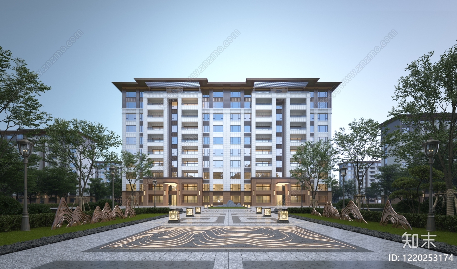 新中式小高层住宅楼3D模型渲染效果图