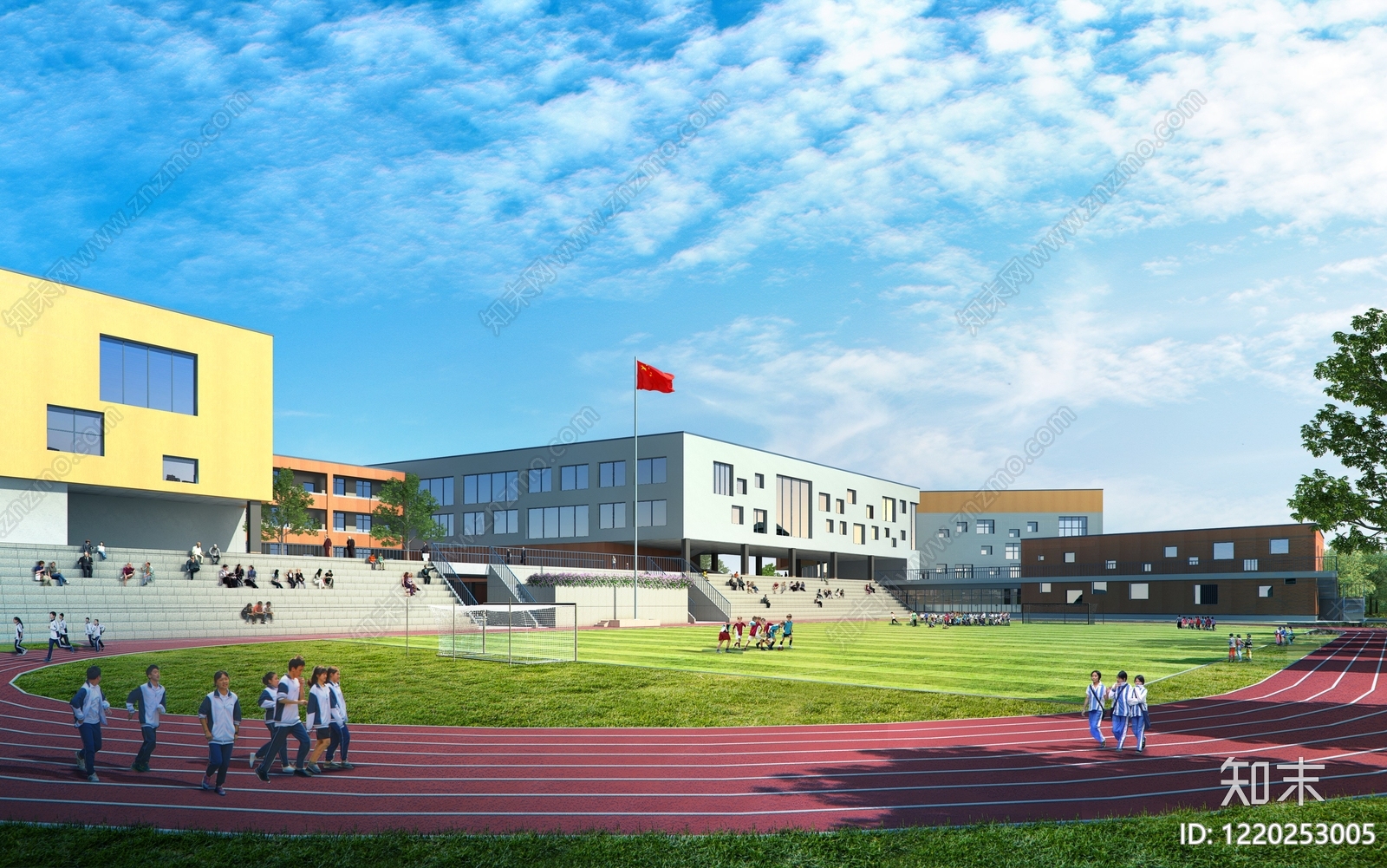 现代主义学校外观3D模型渲染效果图