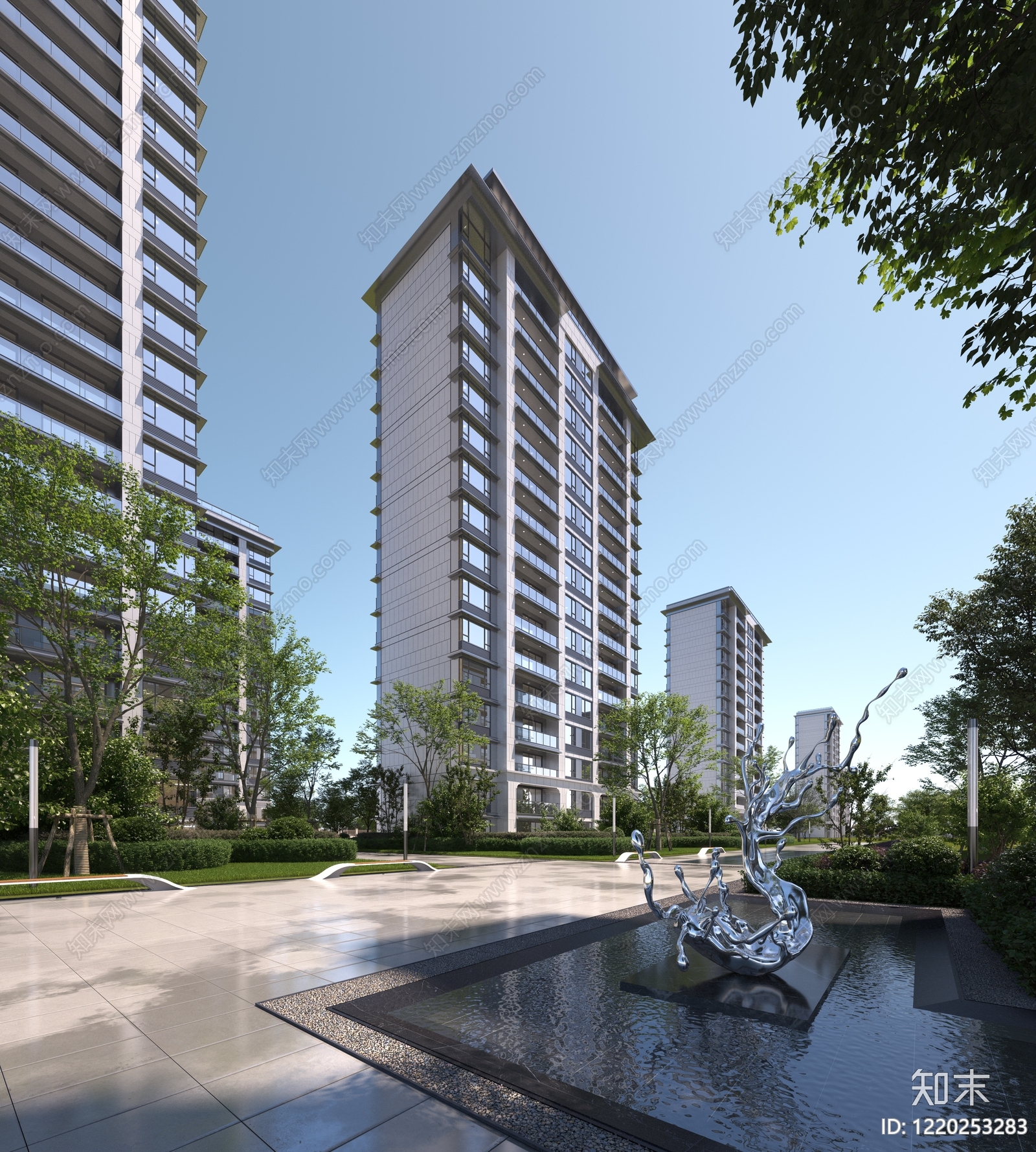 现代主义小高层住宅楼3D模型渲染效果图