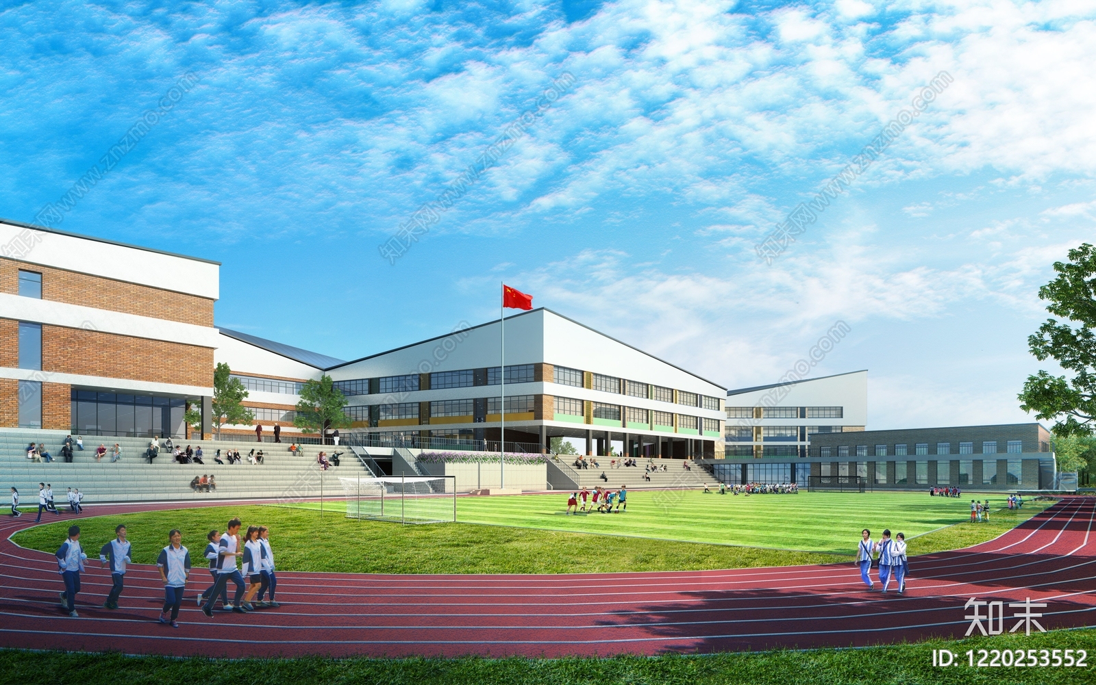 现代主义学校外观3D模型渲染效果图
