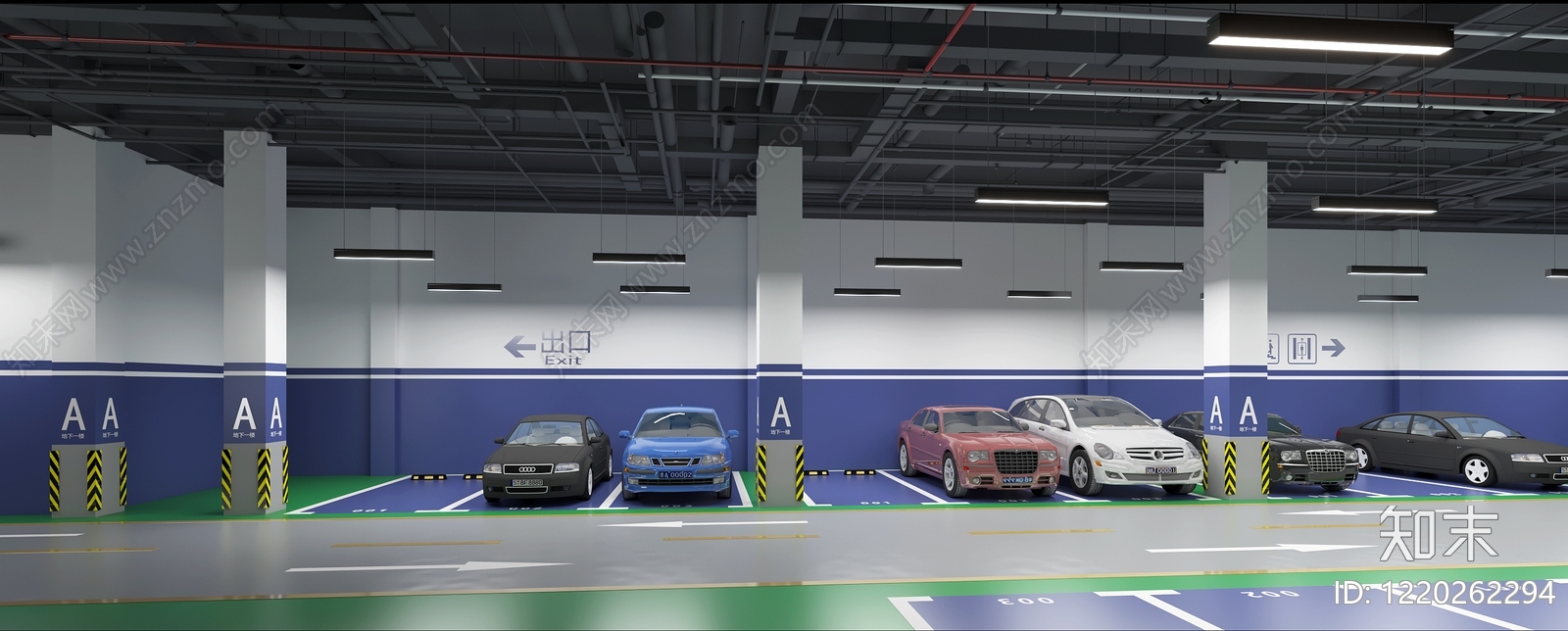 现代简约室内停车场3D模型渲染效果图