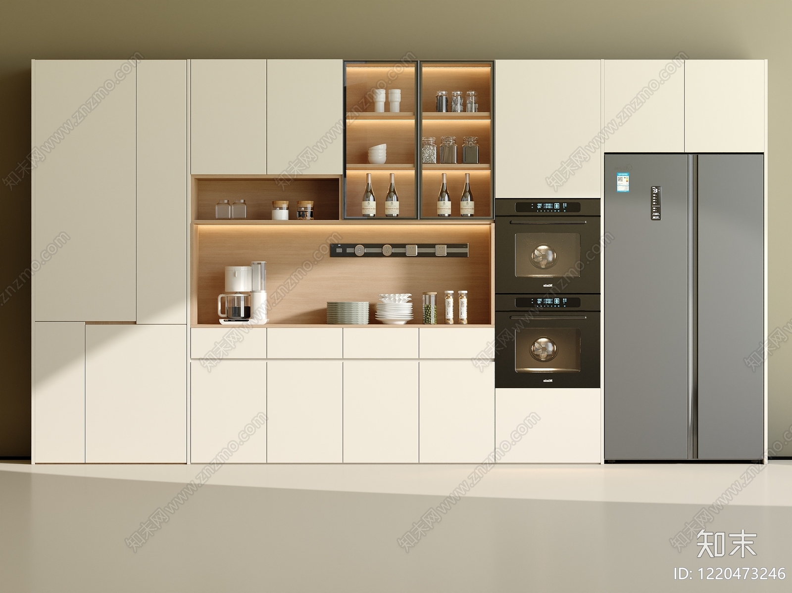 奶油风冰箱柜3D模型渲染效果图