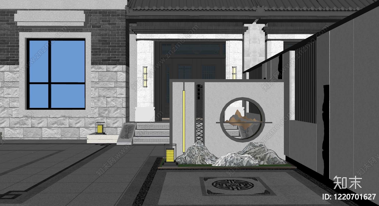 新中式景墙SU模型下载【ID:1220701627】