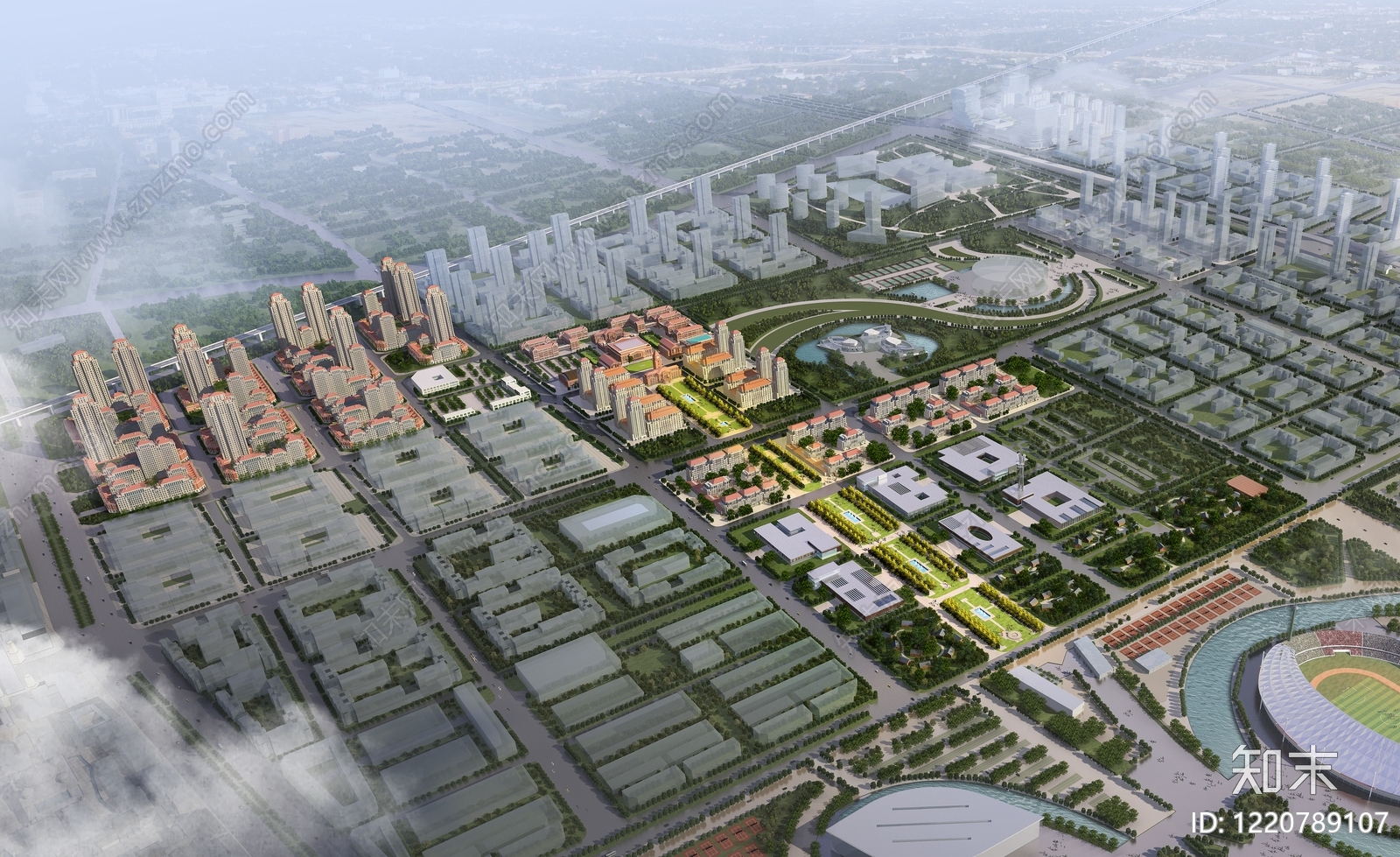 现代主义鸟瞰规划3D模型渲染效果图