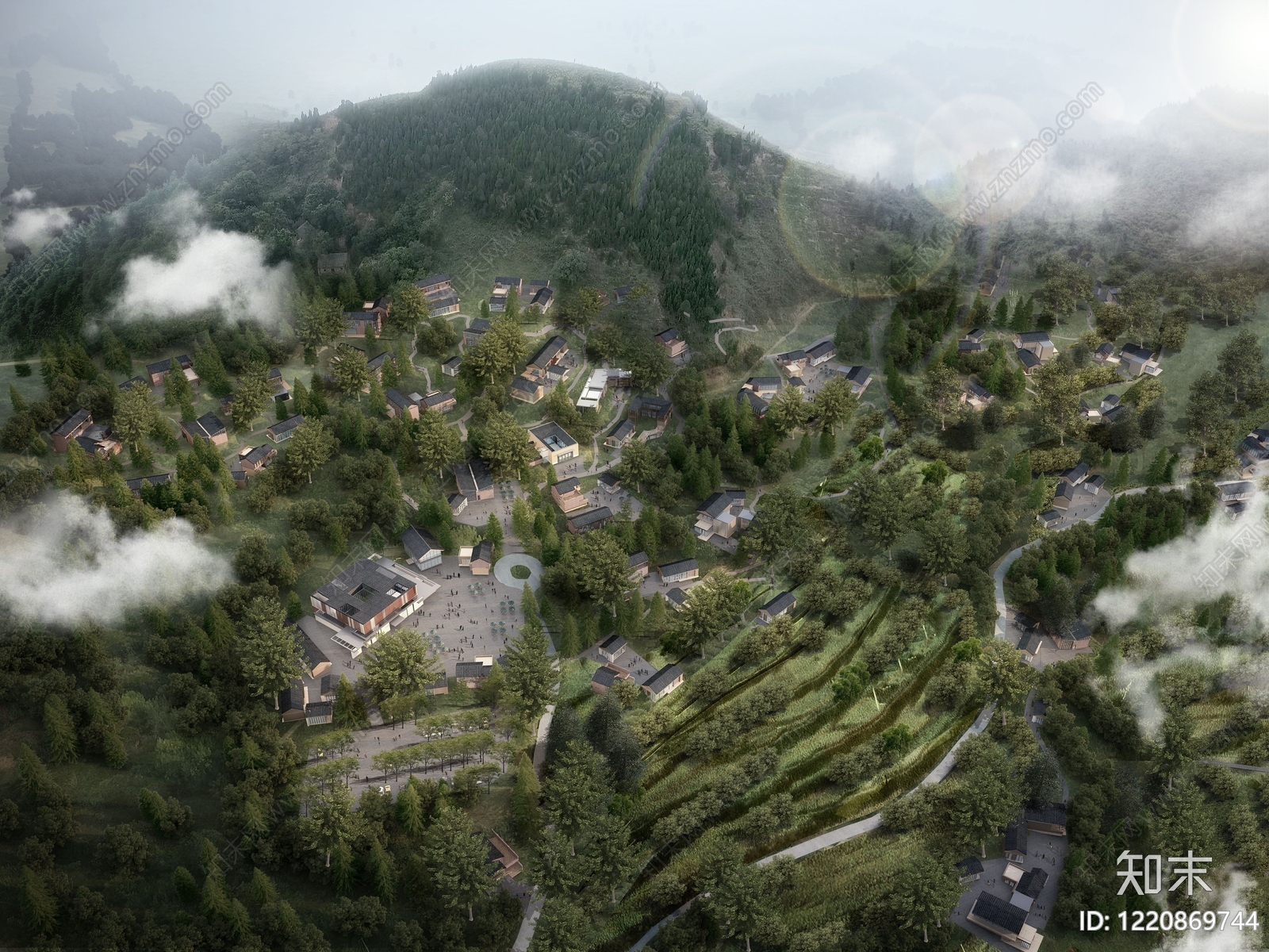 地域主义鸟瞰规划3D模型渲染效果图