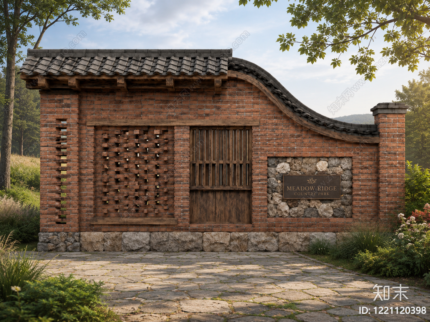 新中式围墙3D模型渲染效果图