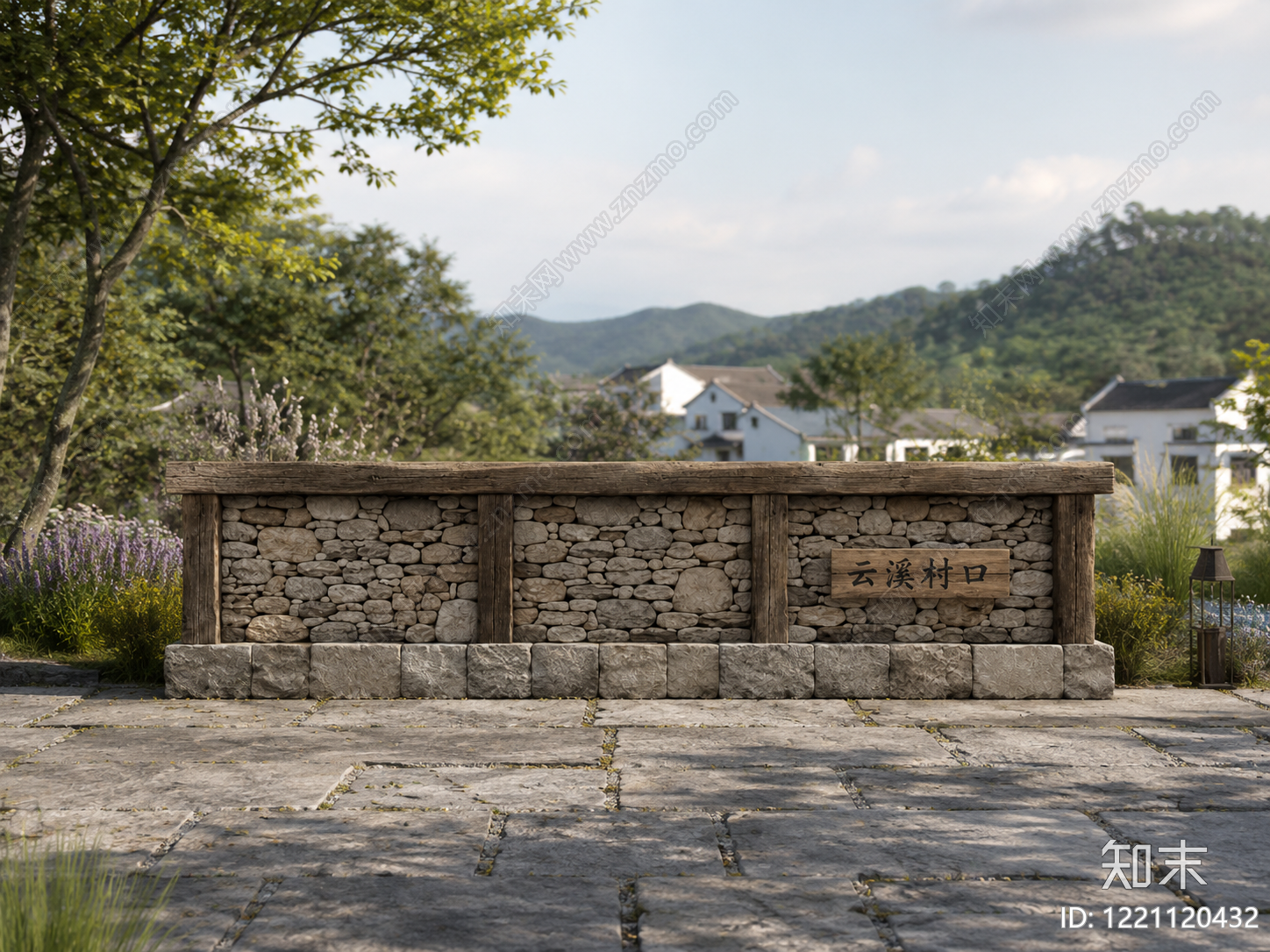 新中式景观形象墙3D模型渲染效果图