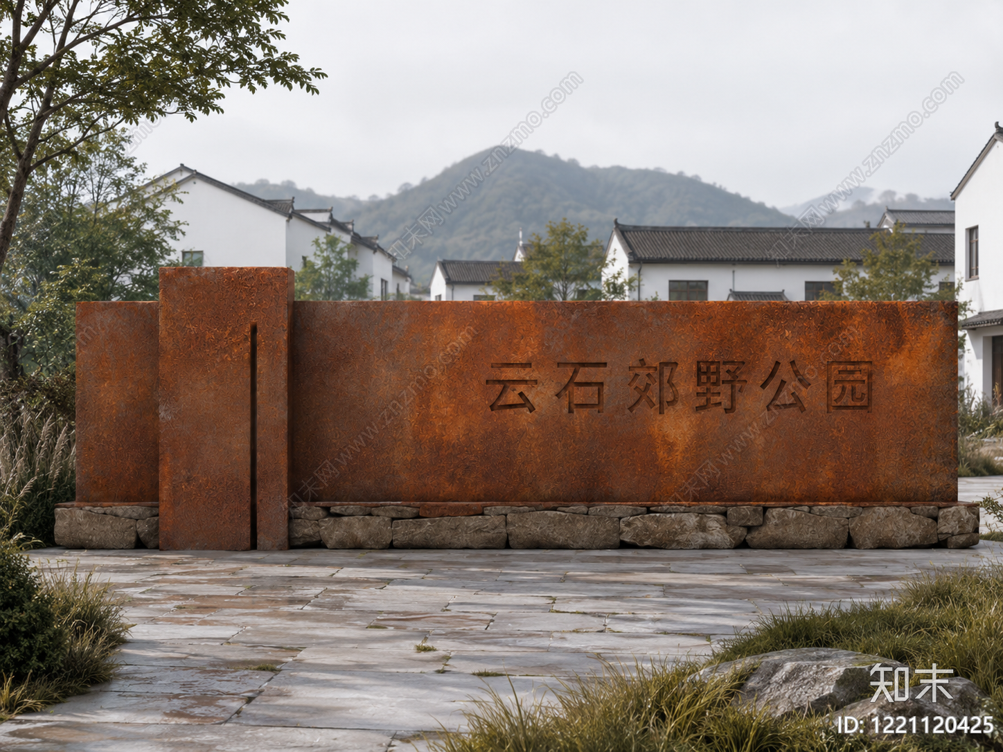 新中式景观床头背景墙3D模型渲染效果图