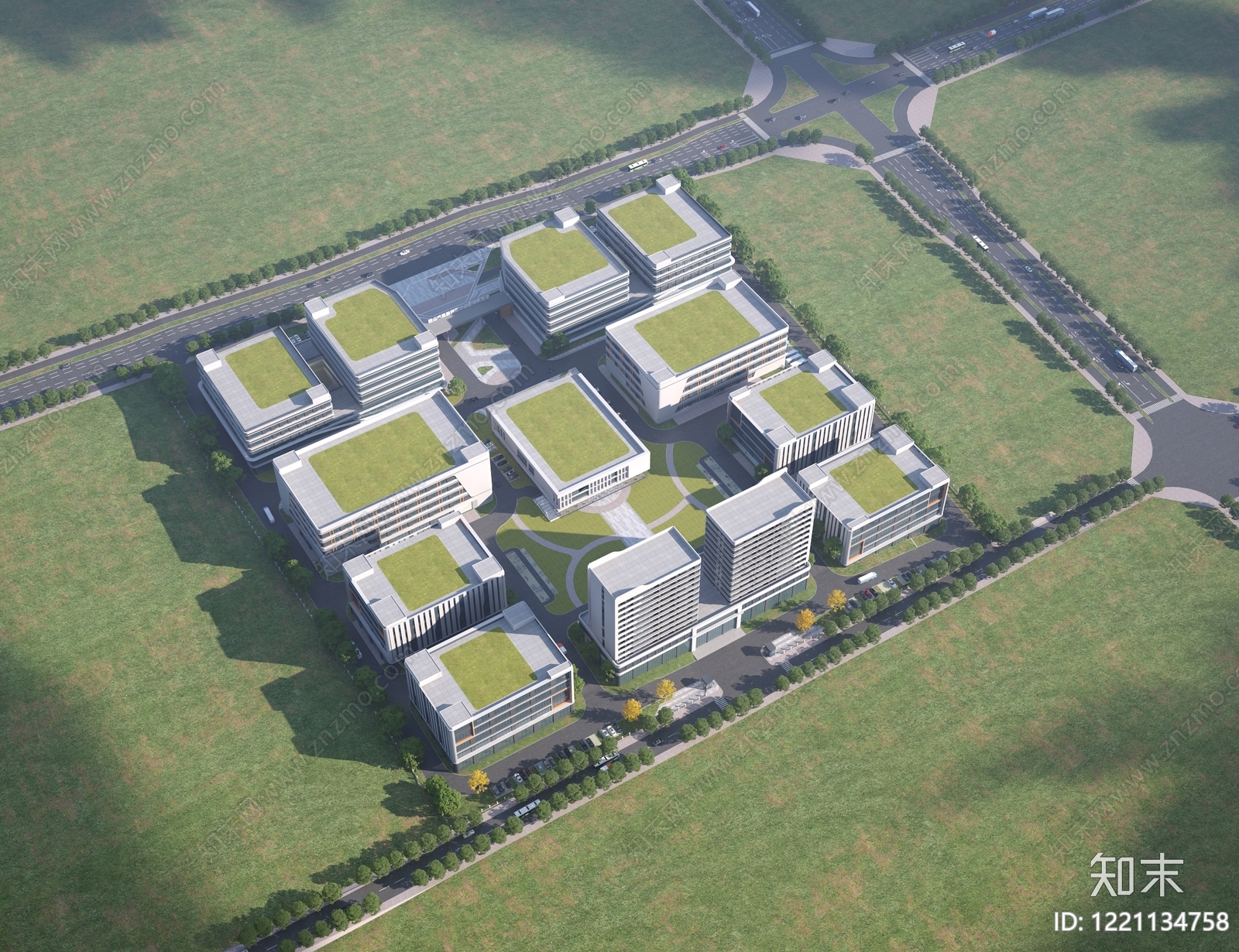 现代主义产业园办公楼3D模型下载【ID:1221134758】