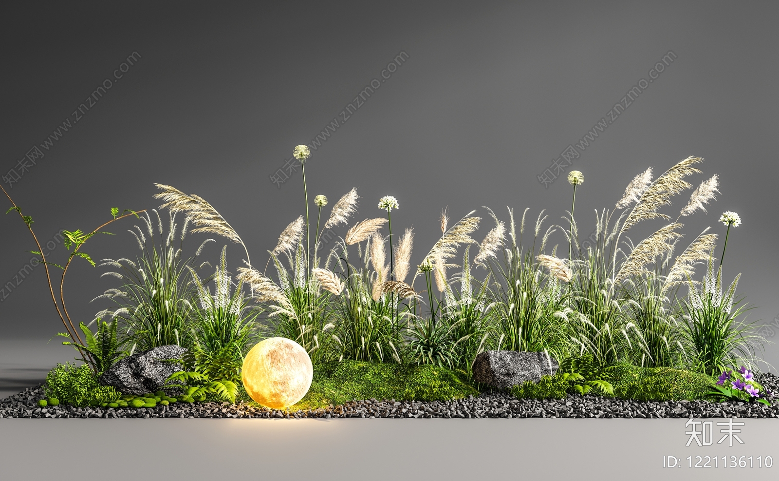 禅意花草组合3D模型渲染效果图