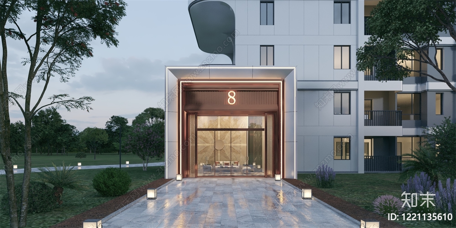 现代简约小高层住宅楼3D模型渲染效果图