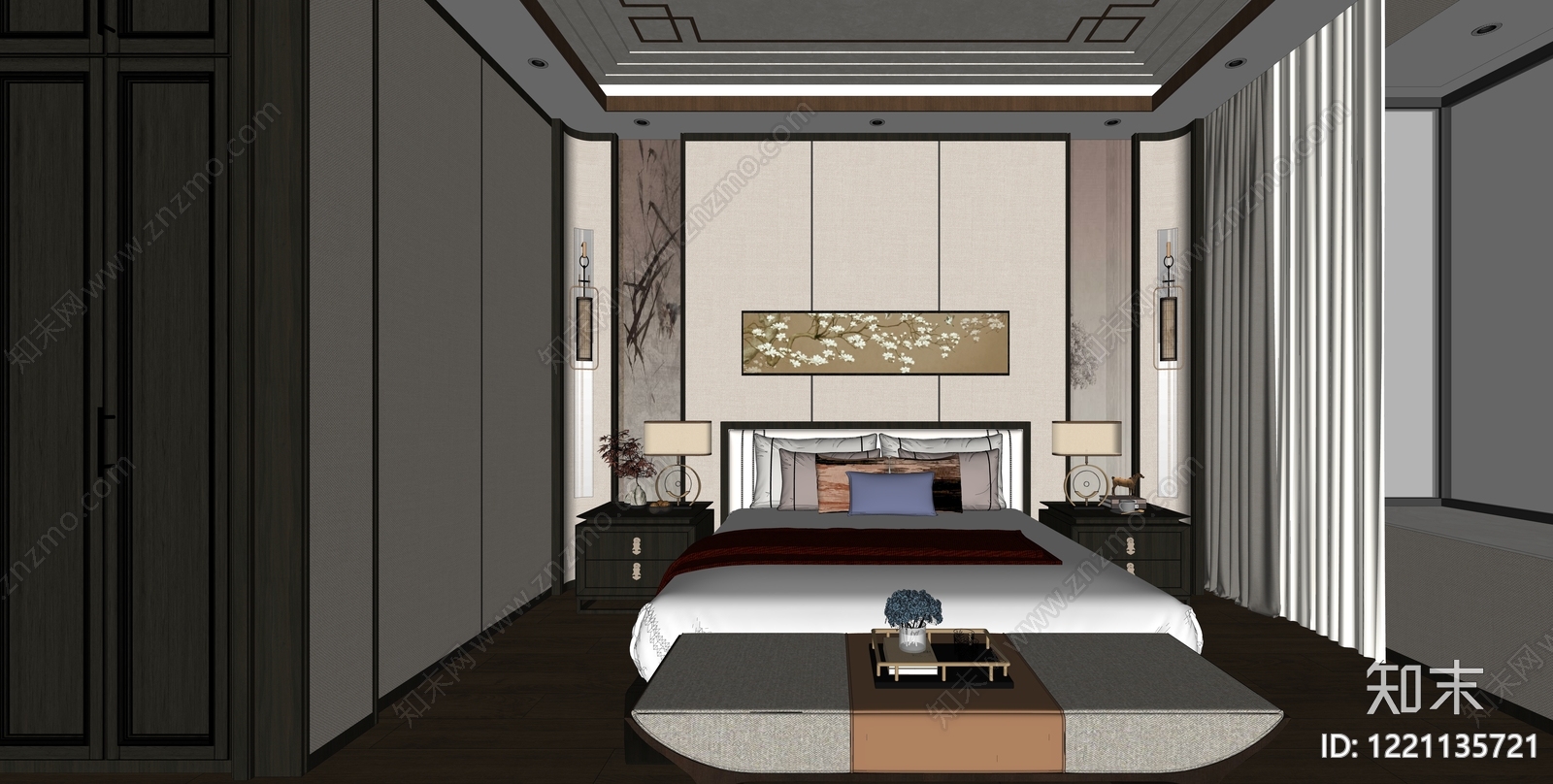 新中式主卧SU模型下载【ID:1221135721】