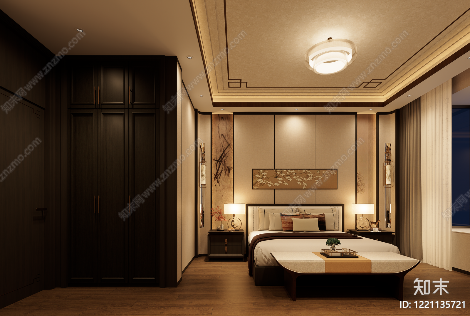 新中式主卧SU模型下载【ID:1221135721】