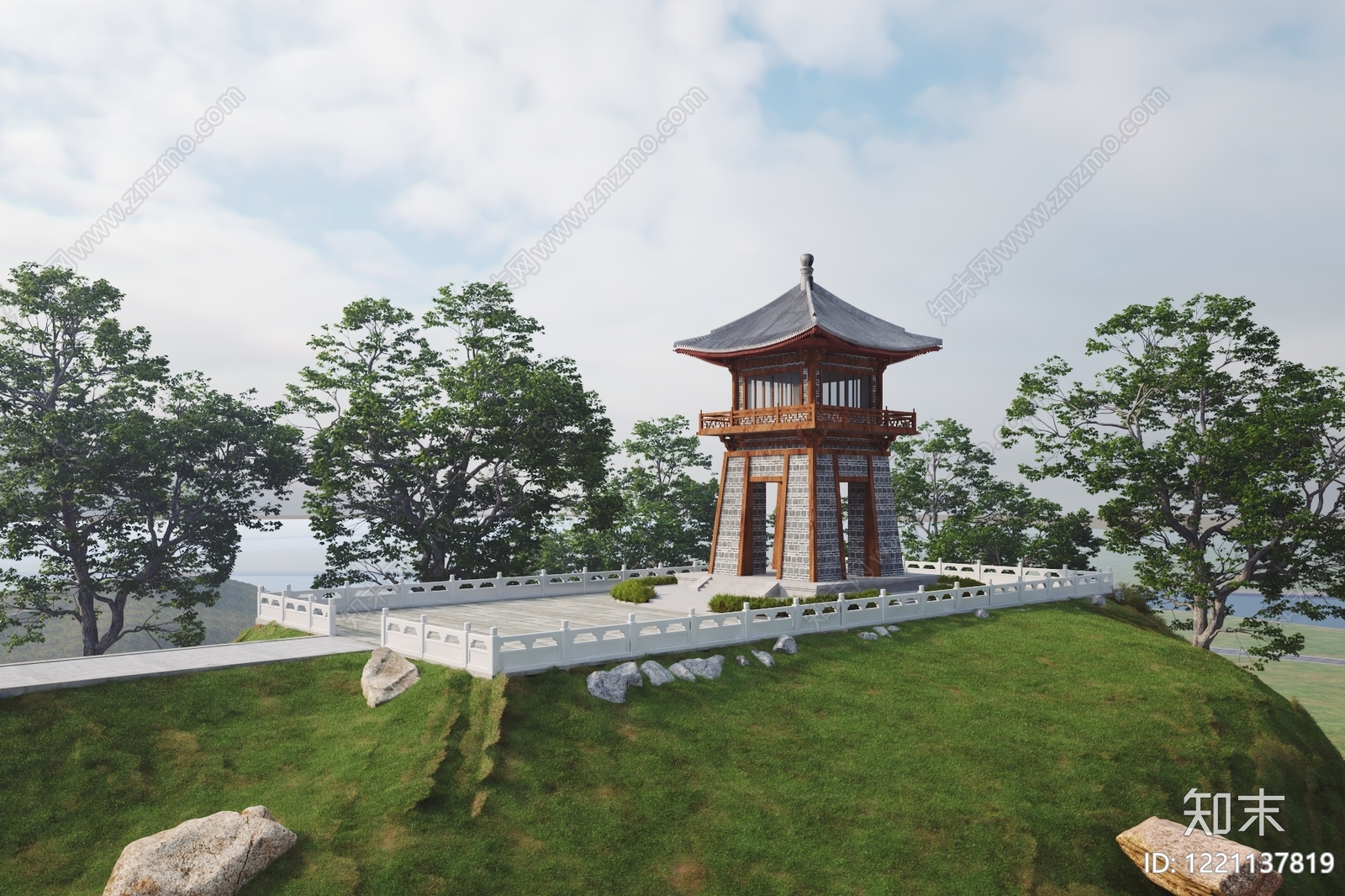 新中式古建3D模型渲染效果图