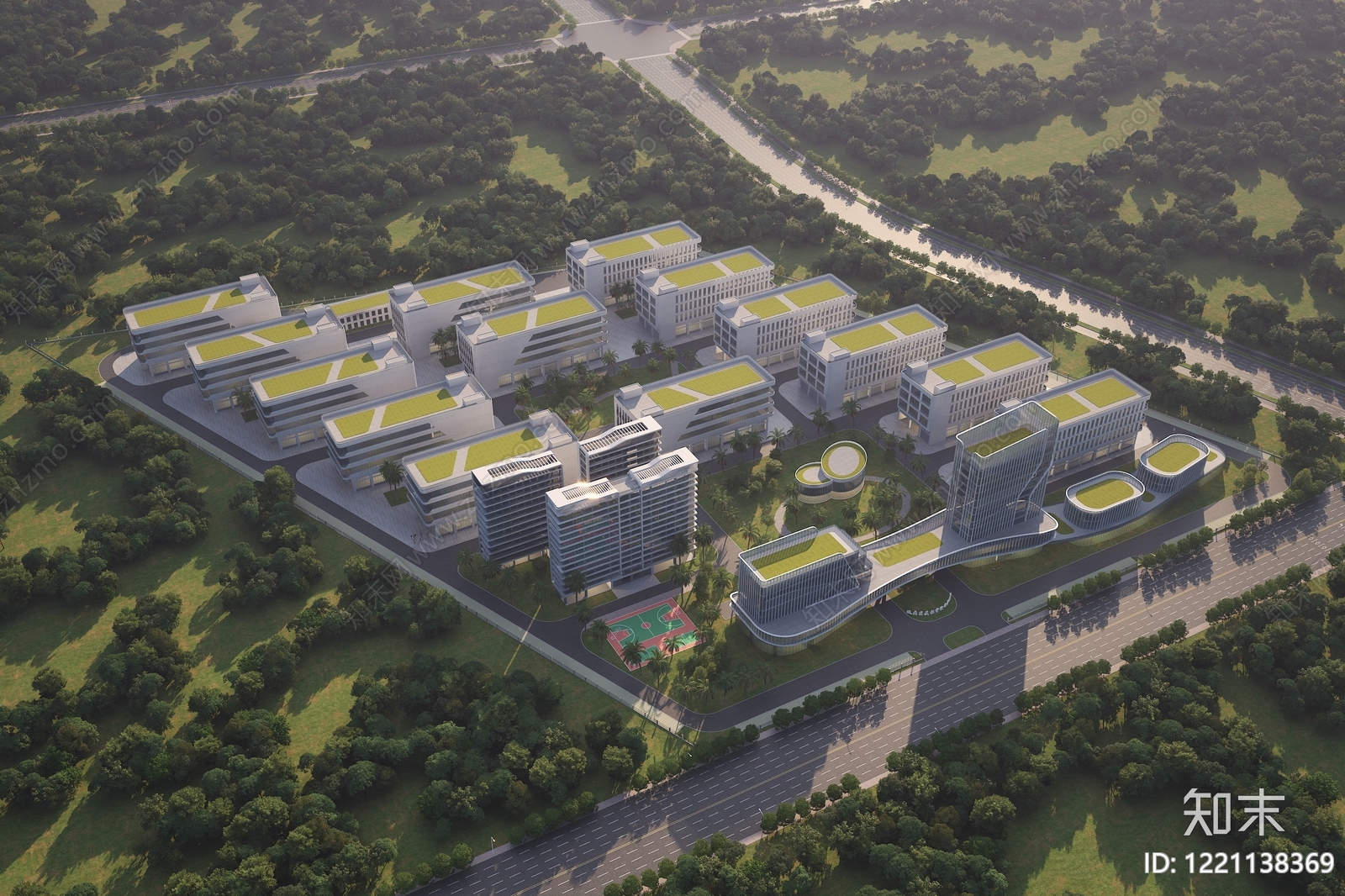 现代主义产业园办公楼3D模型下载【ID:1221138369】