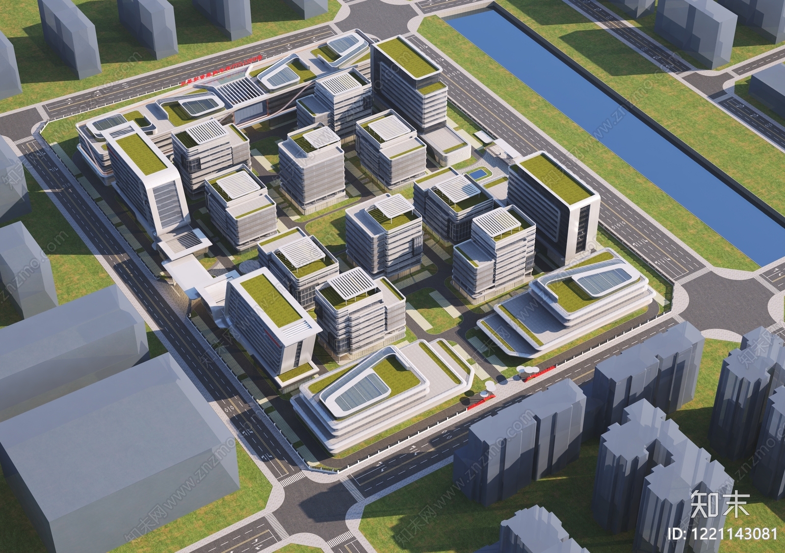 现代主义产业园办公楼3D模型下载【ID:1221143081】