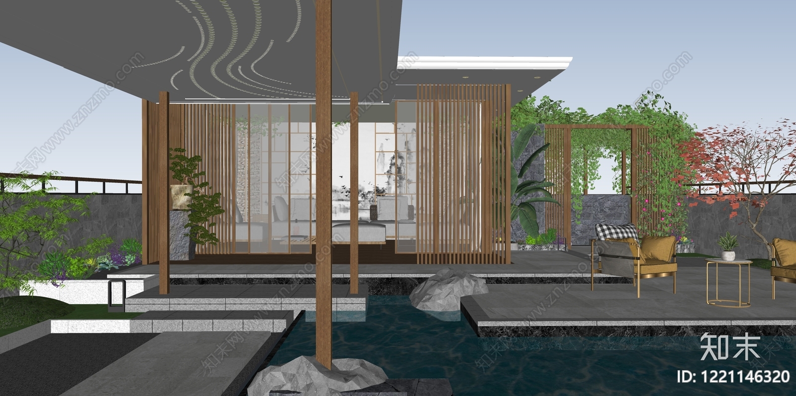 新中式别墅庭院SU模型下载【ID:1221146320】