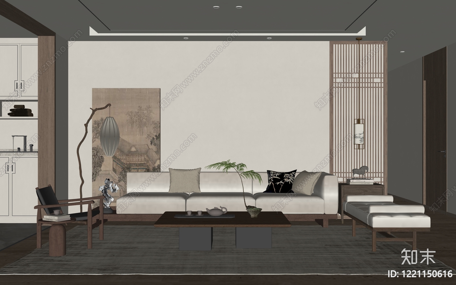 新中式家居客厅SU模型下载【ID:1221150616】