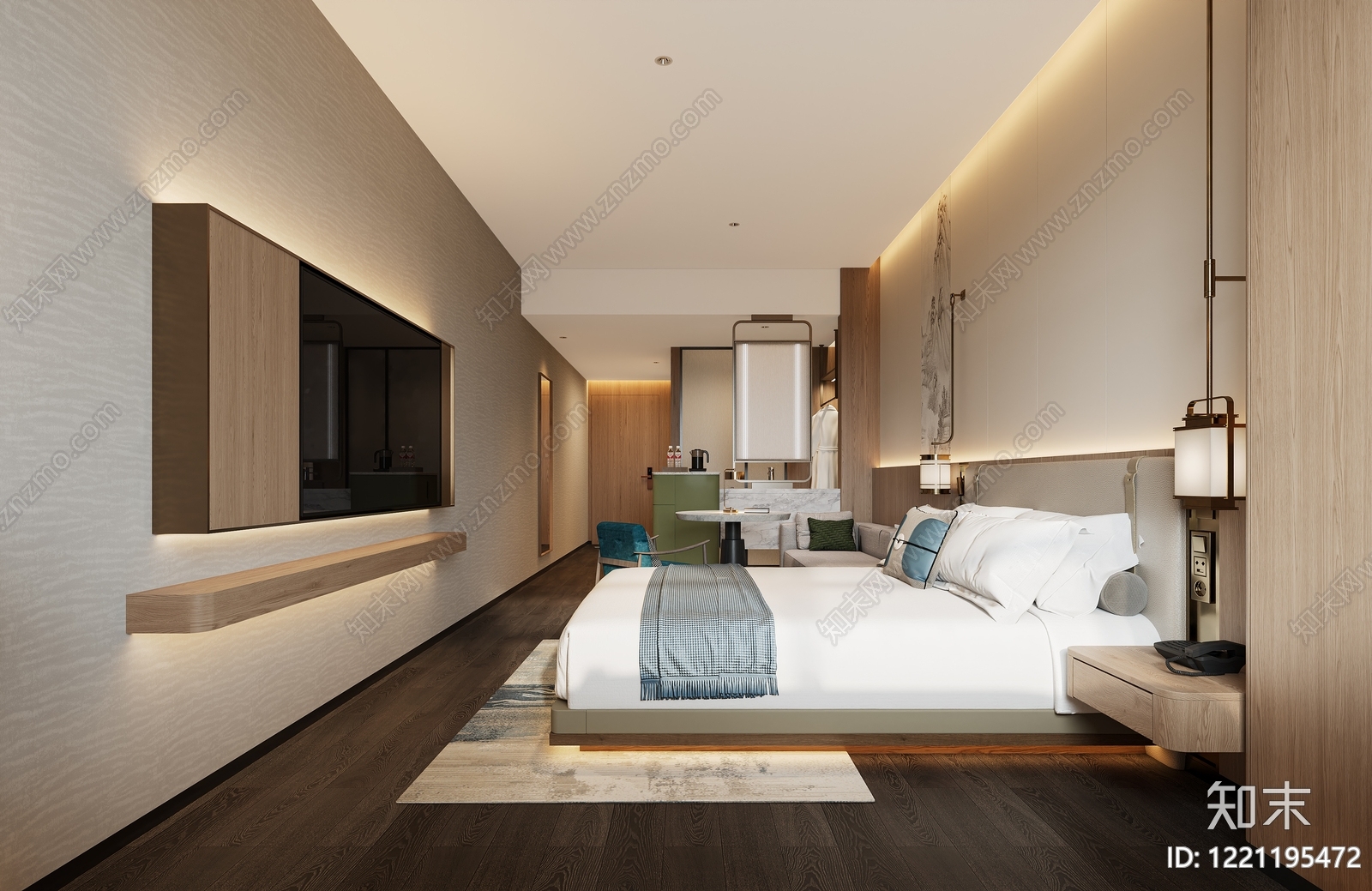新中式酒店客房3D模型下载【ID:1221195472】