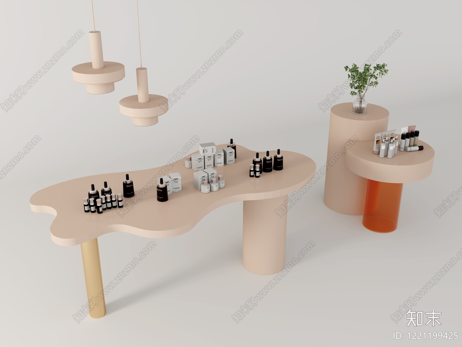 奶油风化妆品展台3D模型渲染效果图