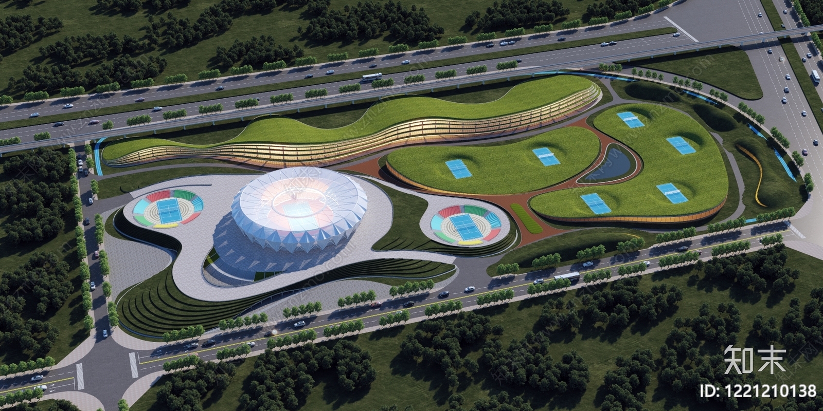 现代主义体育馆外观3D模型渲染效果图