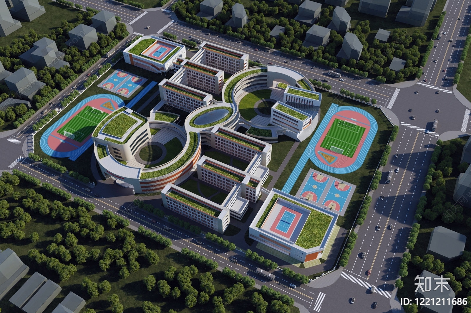 现代主义学校外观3D模型渲染效果图