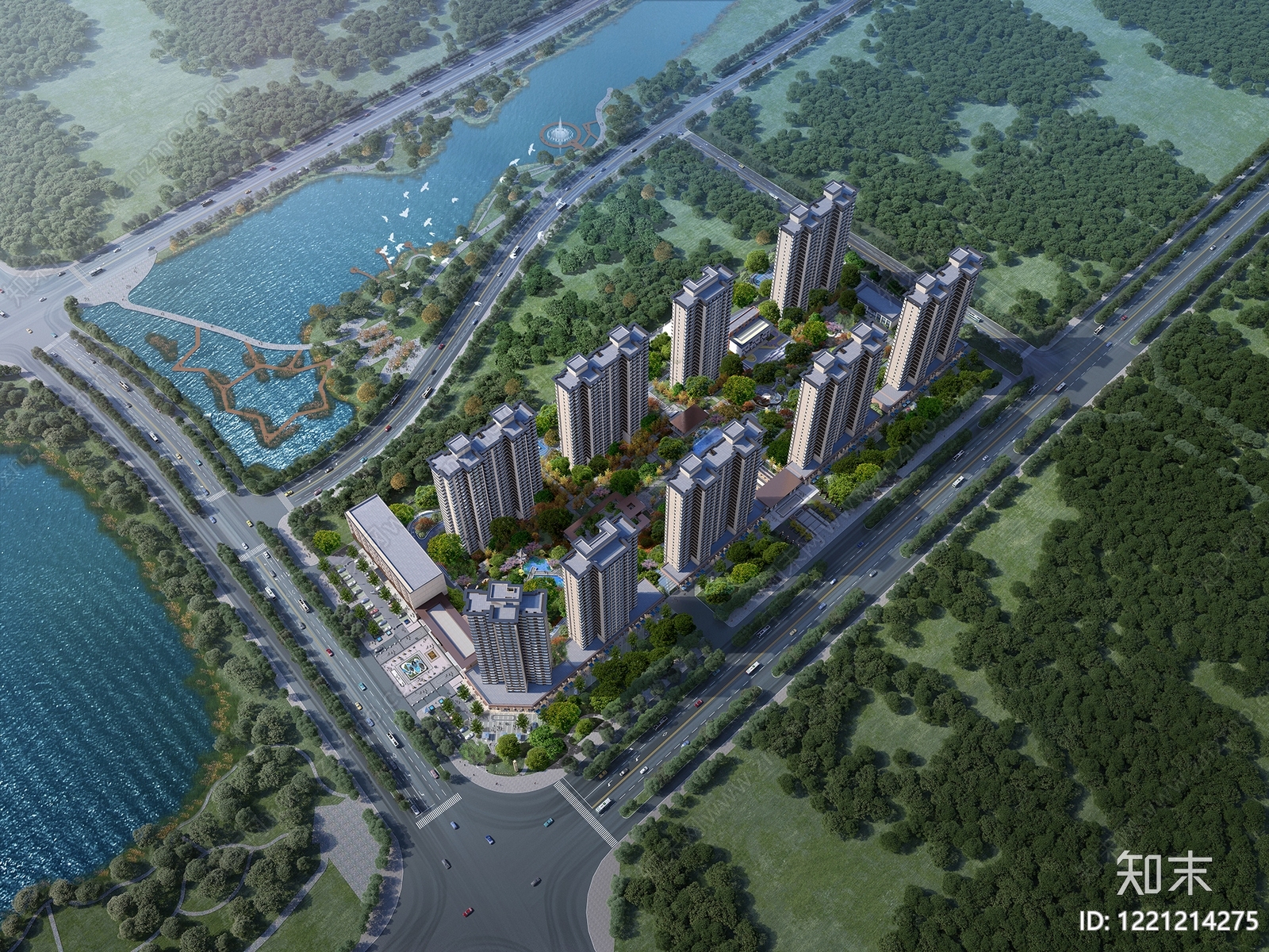 现代主义小高层住宅楼3D模型渲染效果图