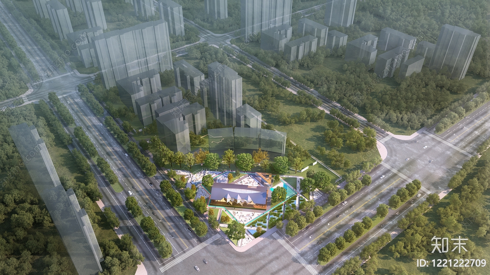 现代主义鸟瞰规划3D模型渲染效果图